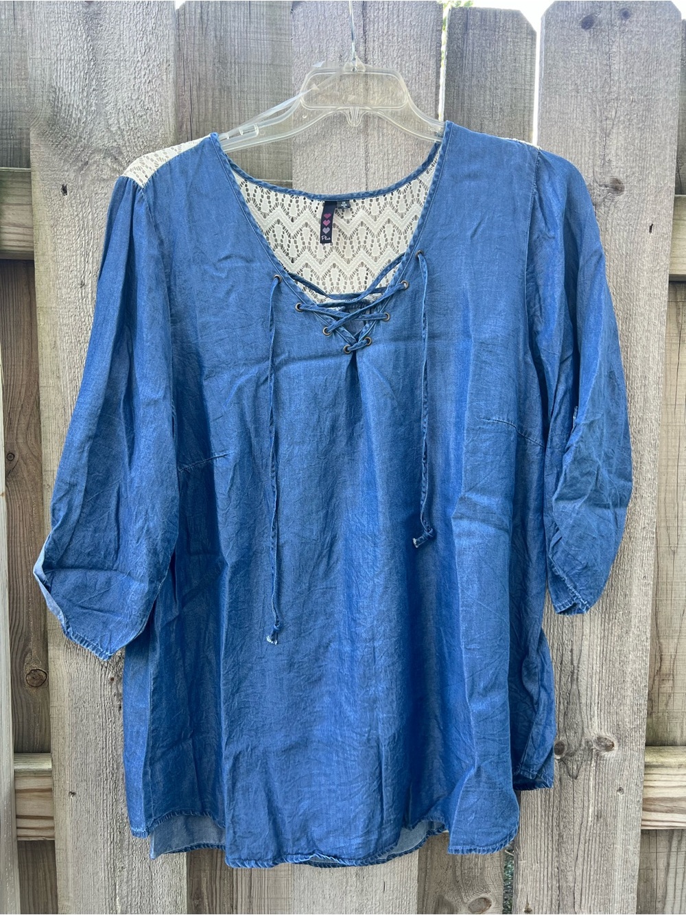 Chambray Southwestern Denim Shirt Lattice Tie Lace Plus 2X Tunic Top 3/4 Sleeve